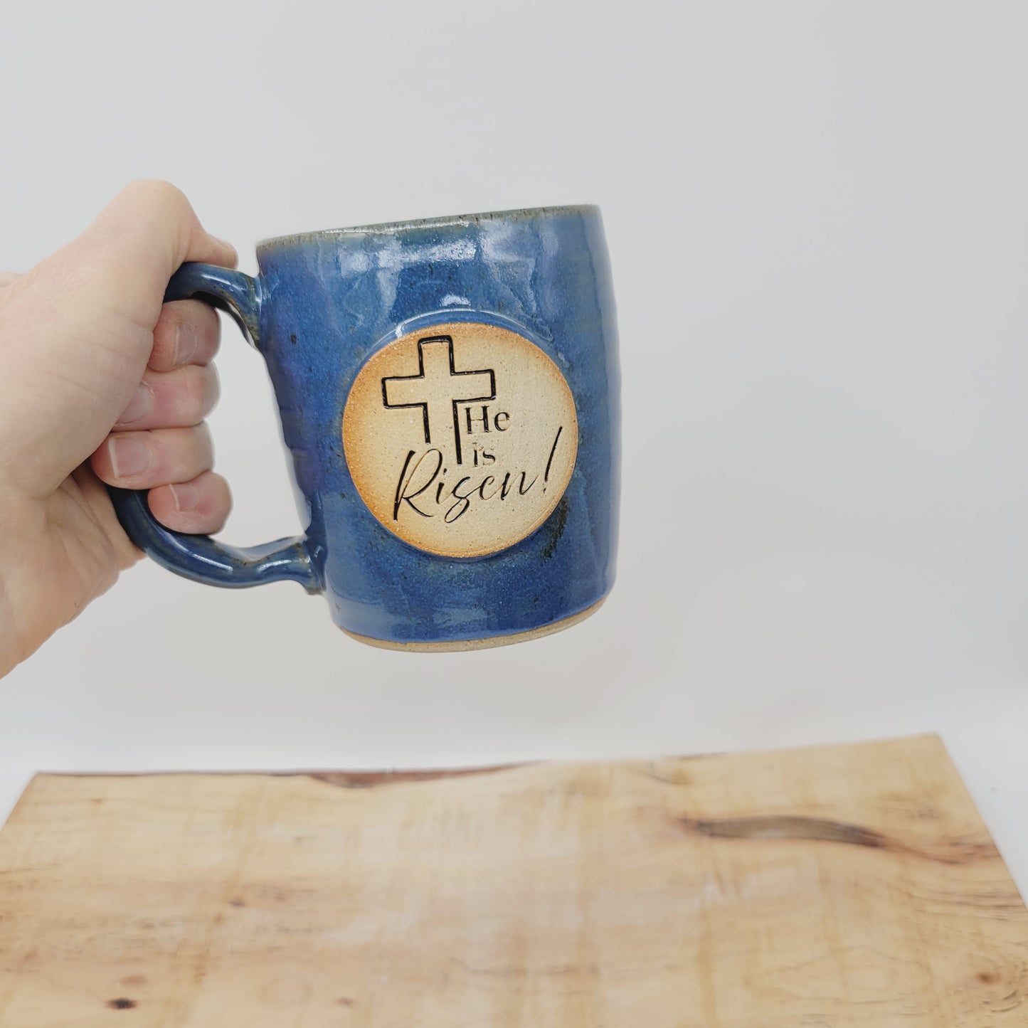 Easter Mug | Handmade Pottery Coffee Cup | He is Risen! | Christian Gifts | Blue | 16 Oz