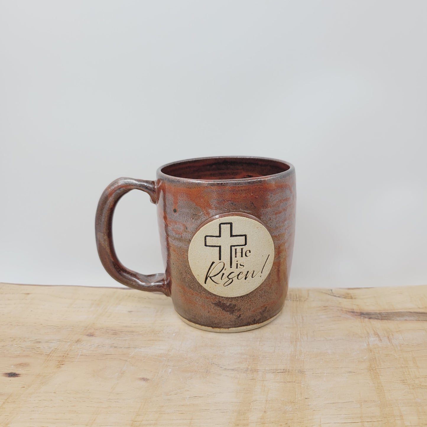 Easter Mug | Handmade Pottery Coffee Cup | He is Risen! | Christian Gifts | Brick Red | 16 Oz