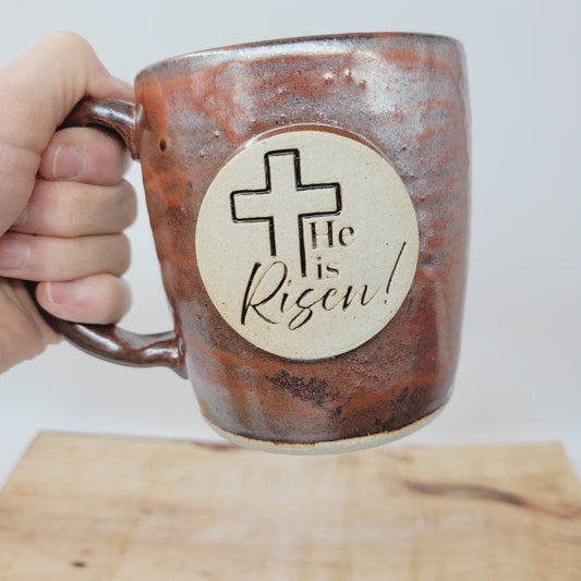 Easter Mug | Handmade Pottery Coffee Cup | He is Risen! | Christian Gifts | Brick Red | 16 Oz