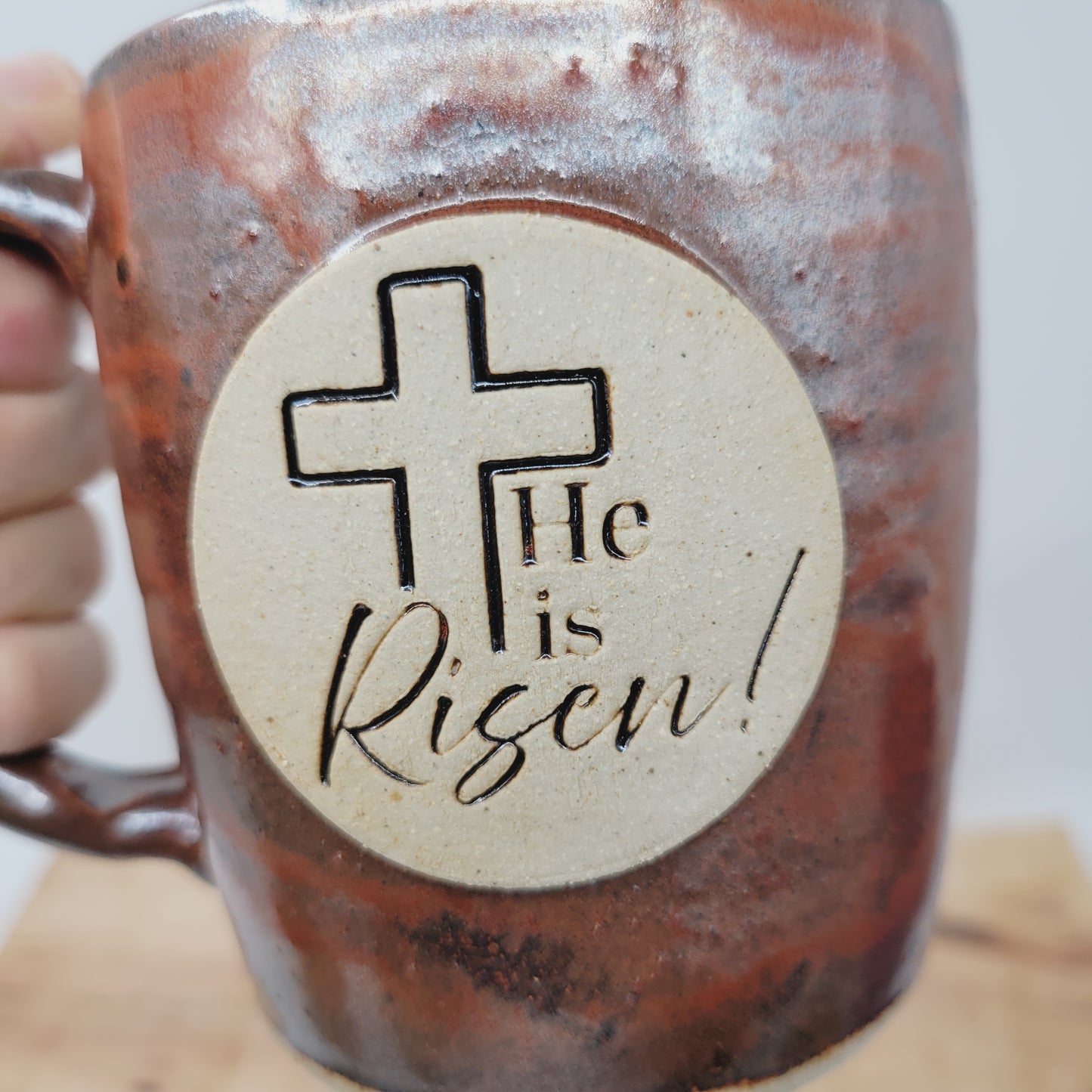 Easter Mug | Handmade Pottery Coffee Cup | He is Risen! | Christian Gifts | Brick Red | 16 Oz