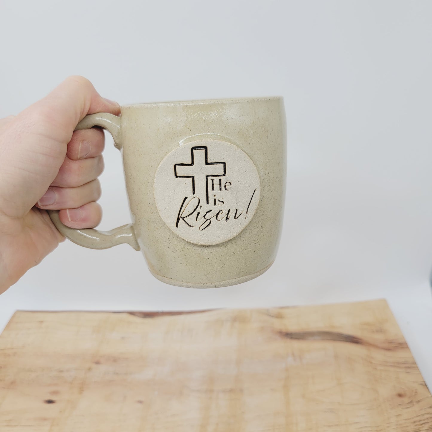 He Is Risen! Easter Mug | Handmade Pottery | Christian Coffee Cup | White | 16 Oz