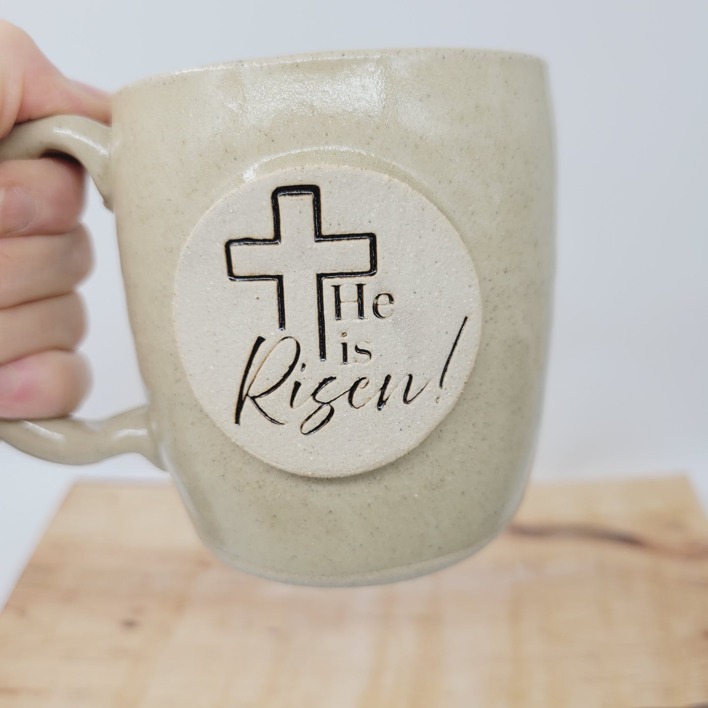 He Is Risen! Easter Mug | Handmade Pottery | Christian Coffee Cup | White | 16 Oz