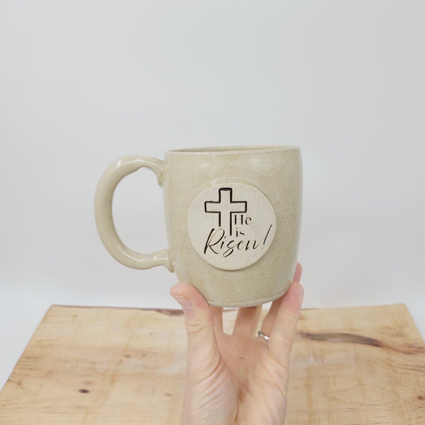 He Is Risen! Easter Mug | Handmade Pottery | Christian Coffee Cup | White | 16 Oz