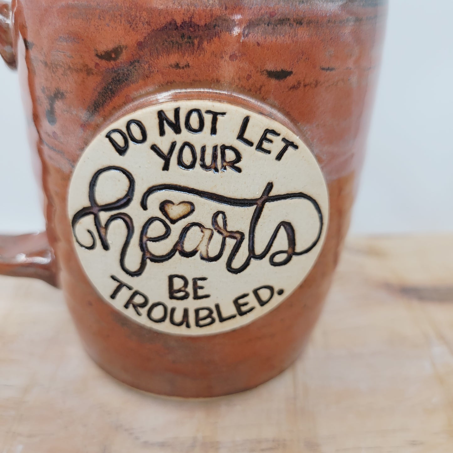 Do Not Let Your Hearts Be Troubled | Christian Coffee Cup | Bible Verse Mugs | Stoneware Pottery | Red | Handmade Unique Gifts