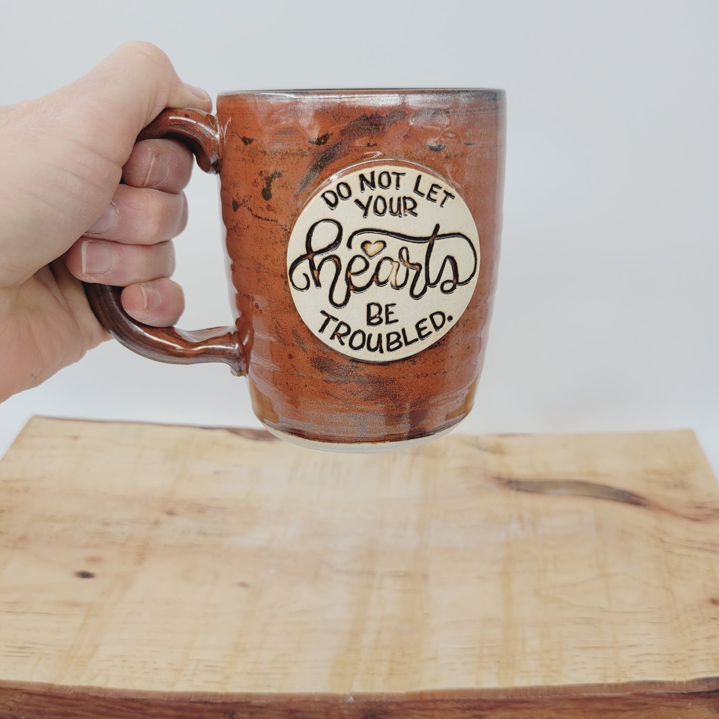 Do Not Let Your Hearts Be Troubled | Christian Coffee Cup | Bible Verse Mugs | Stoneware Pottery | Red | Handmade Unique Gifts