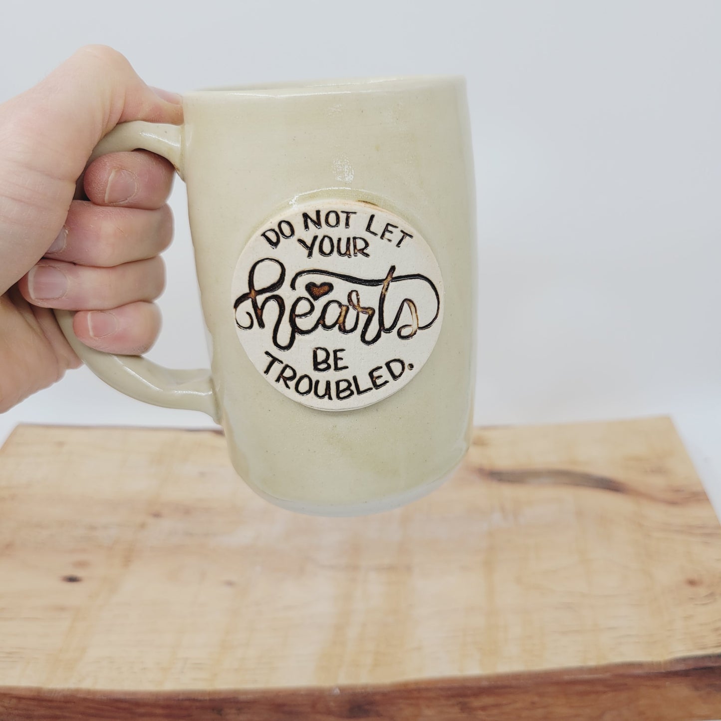 Do Not Let Your Hearts Be Troubled | Comforting Christian Coffee Cup | Bible Verse Mugs | Stoneware Pottery | Cream