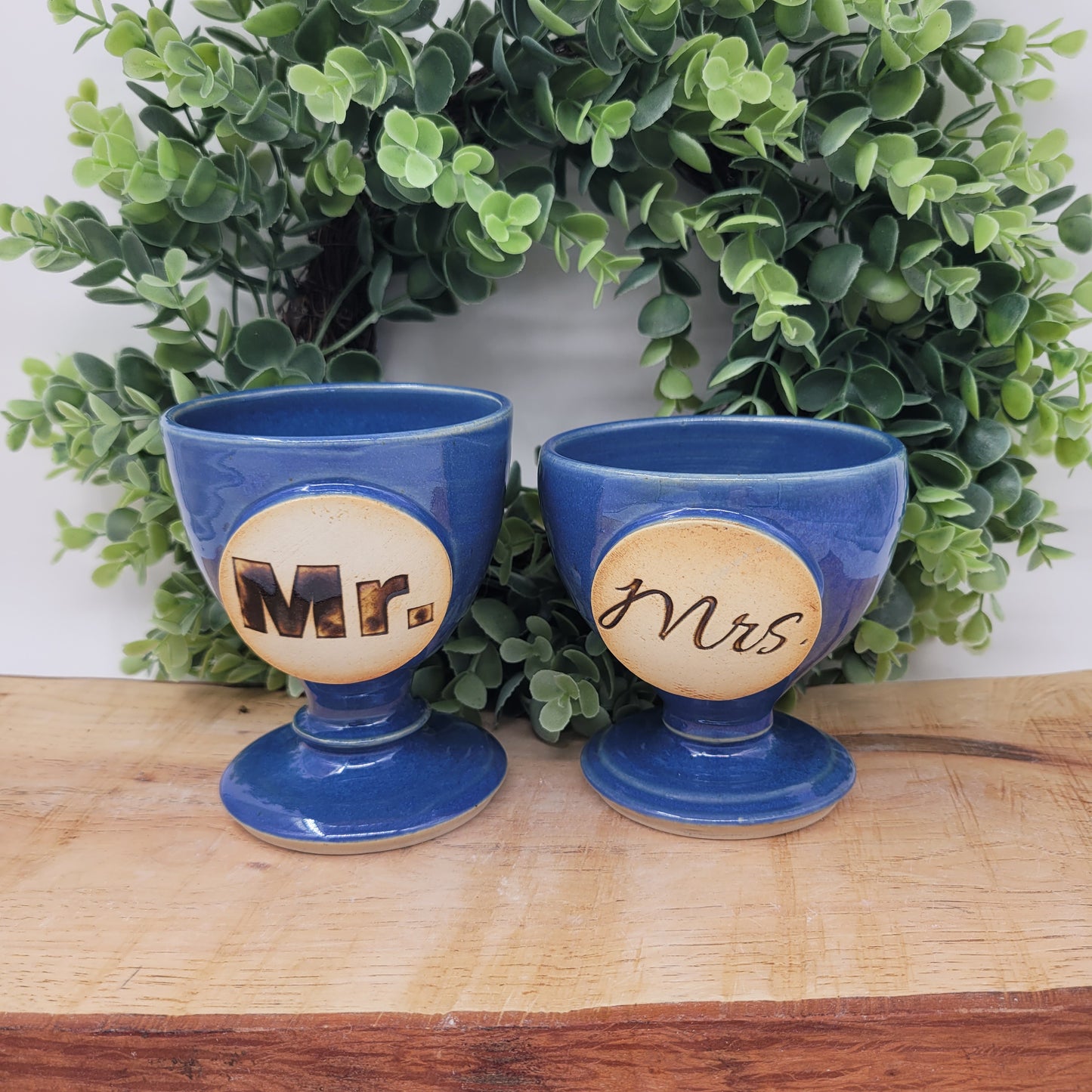 Mr. and Mrs. Set of Toasting Glasses | Something Blue Wedding Gift | Couples Goblet Pair | Blue | 6 Ounces