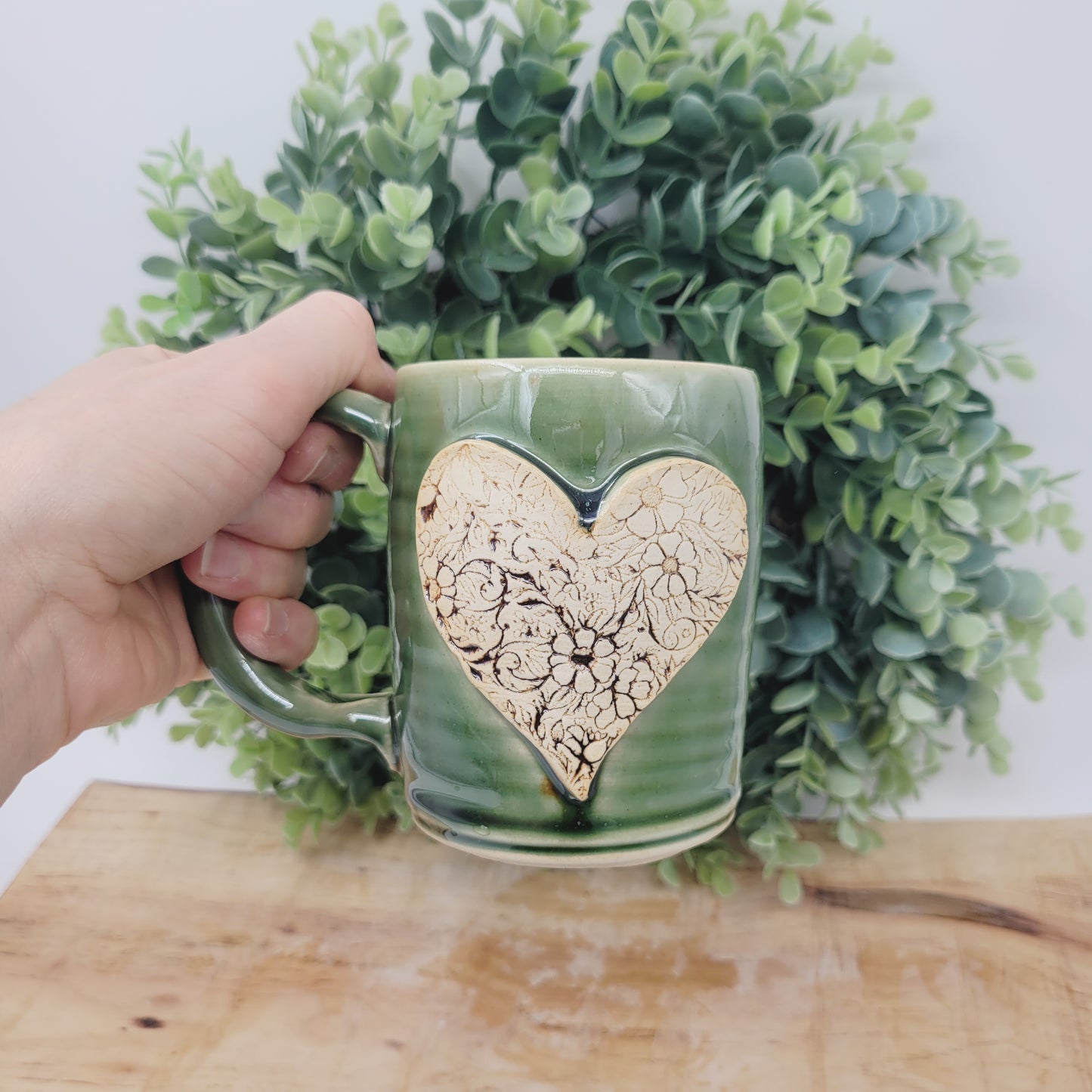 Charming Flower Heart Hot Tea Mug | Green | Floral Pattern Design | Cute 12 Ounce Coffee Cup | Sweet Gifts for Mom Mother's Day