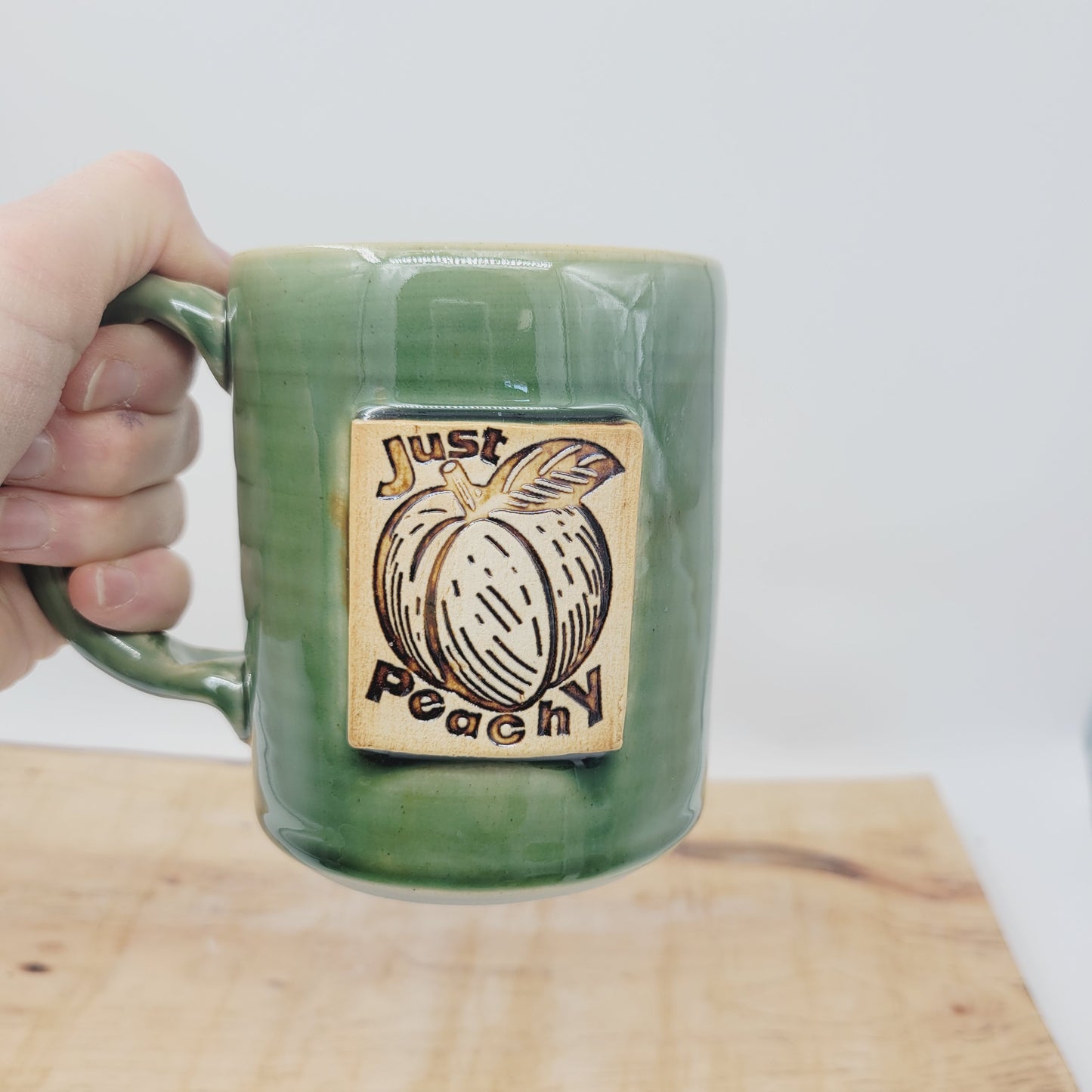Just Peachy Summer Mug | Fun Sayings Coffee Cup | Handmade Unique Pottery | Green | Large 16  Ounces