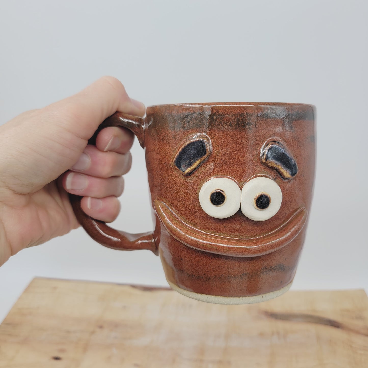 Smiley Face Mug | 16 Ounces | Rustic Red Brown | Handmade Stoneware Pottery Coffee Cups