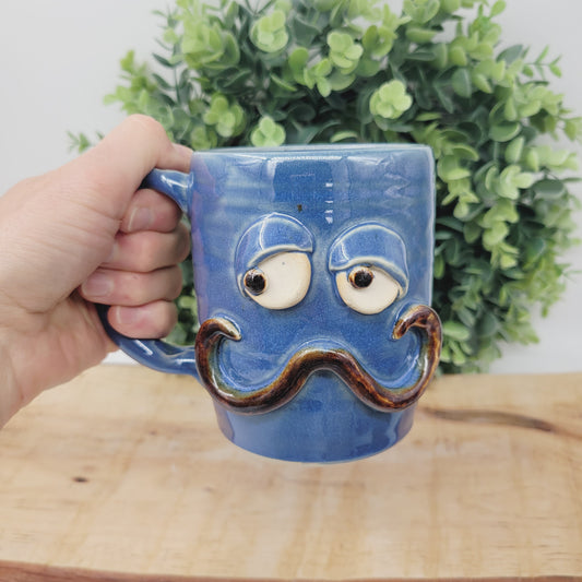 Handlebar Mustache Mug | Handcrafted Man's Pottery Coffee Cup | Microwave Dishwasher Safe | Blue | 16 Ounces