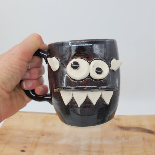 Snack Attack Monster Mug | Handmade Pottery Coffee Cups | Funny Creature Face Mug | 16 Oz | Black