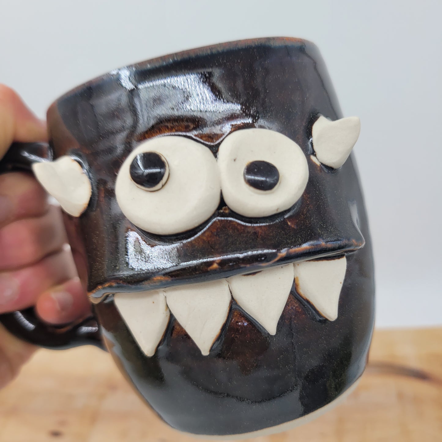 Snack Attack Monster Mug | Handmade Pottery Coffee Cups | Funny Creature Face Mug | 16 Oz | Black