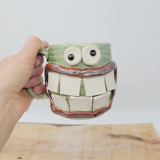 Huge Smiley Face Mug. Big Grin Green Coffee Cups and Mugs. Nelson Studio Handmade Stoneware Pottery Tankard. 16 Ounces