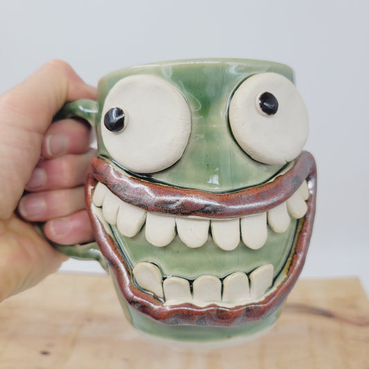 Huge Coffee Mug. New Limited Edition OOAK. Extra Large 18 Ounce Green Handmade Pottery Face Mug. Funny Coffee Lovers