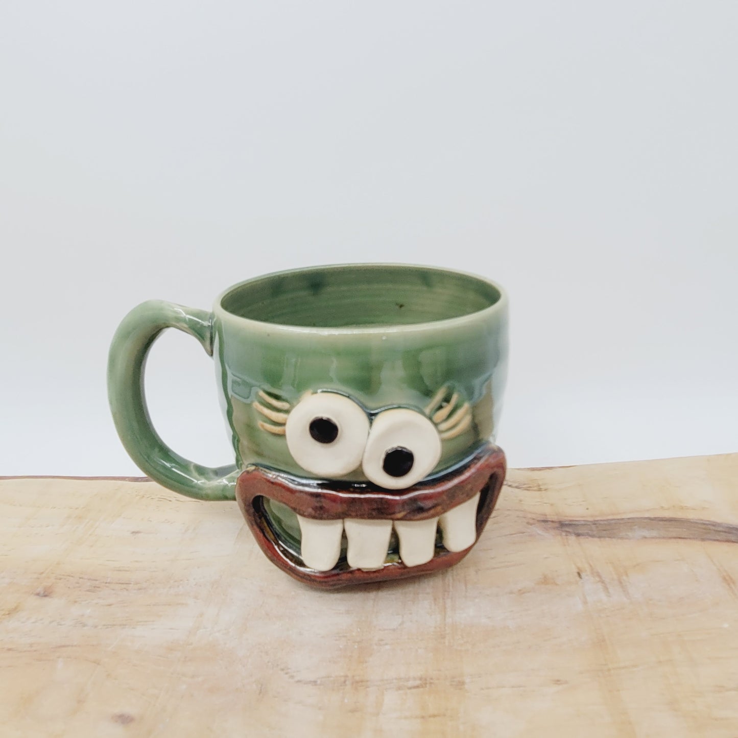 Crazy Coffee Cup| Funny Woman Smiley Face | 14-16 OZ Green | Unique Handmade Stoneware Pottery