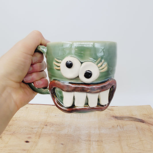Crazy Coffee Cup| Funny Woman Smiley Face | 14-16 OZ Green | Unique Handmade Stoneware Pottery