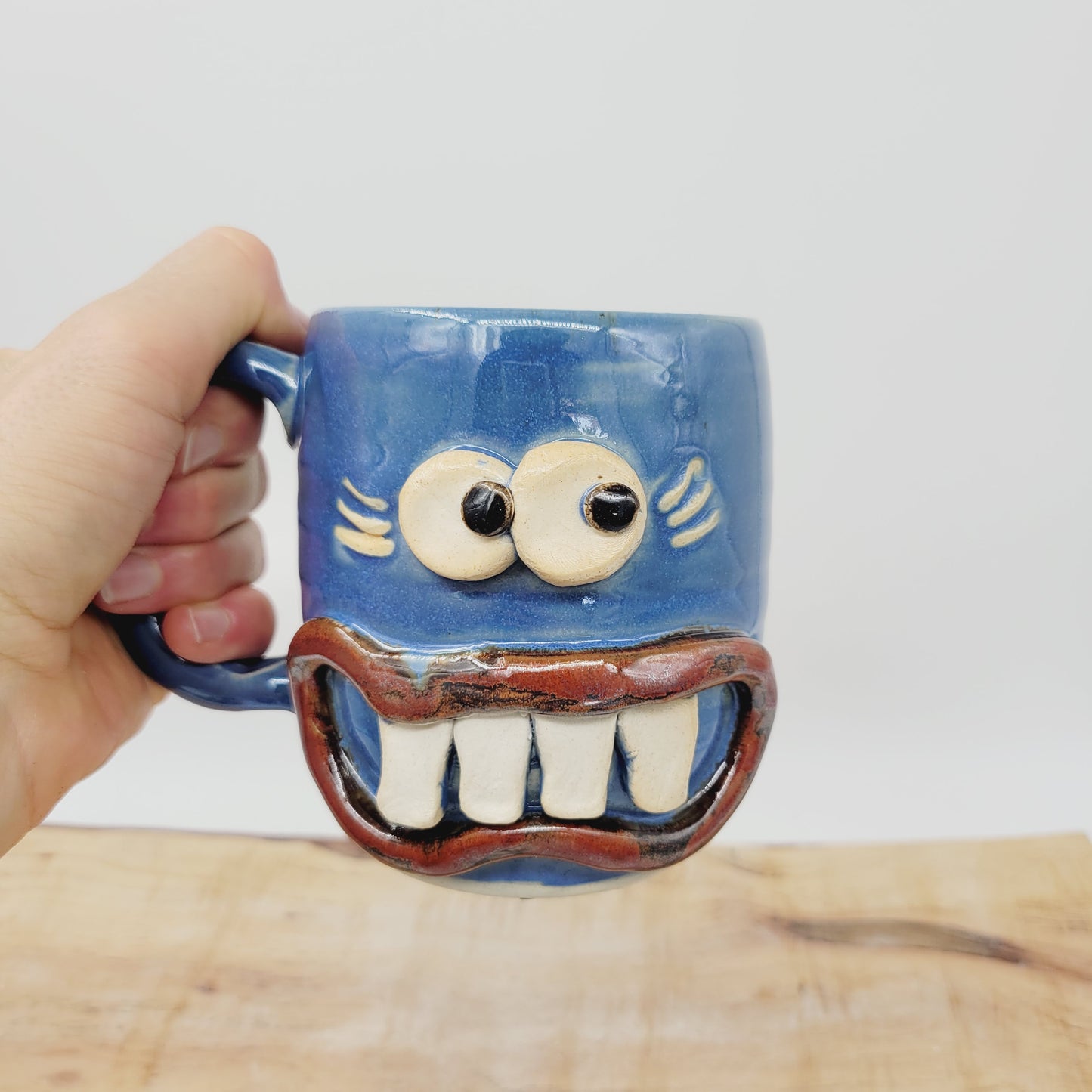 MONDAY Morning Mug | Funny Face Coffee Cup | 16 OZ Blue | Unique Handmade Stoneware Pottery