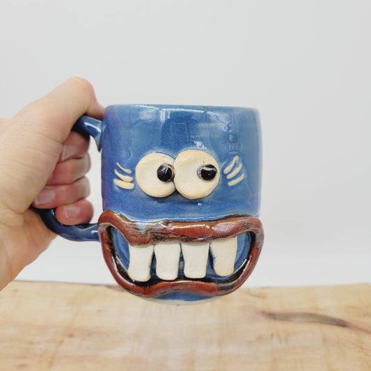 MONDAY Morning Mug | Funny Face Coffee Cup | 16 OZ Blue | Unique Handmade Stoneware Pottery