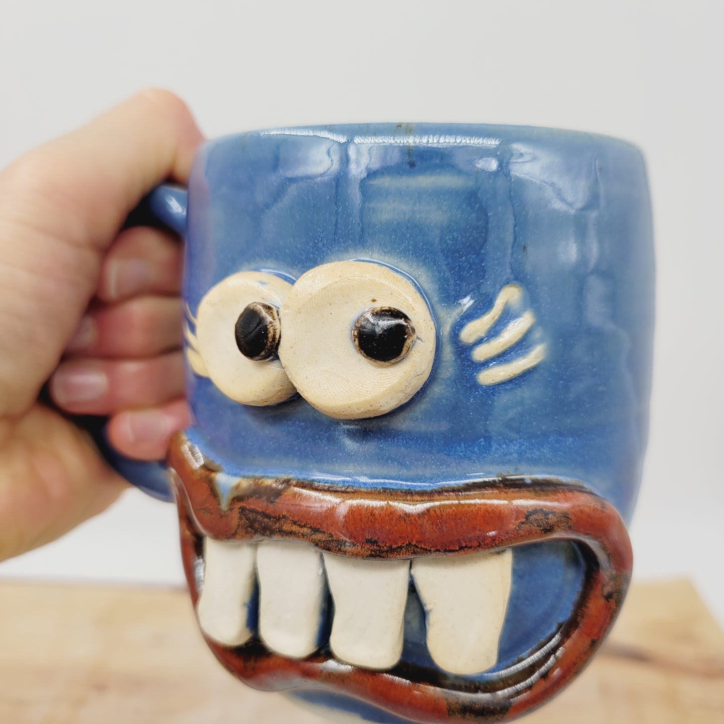 MONDAY Morning Mug | Funny Face Coffee Cup | 16 OZ Blue | Unique Handmade Stoneware Pottery