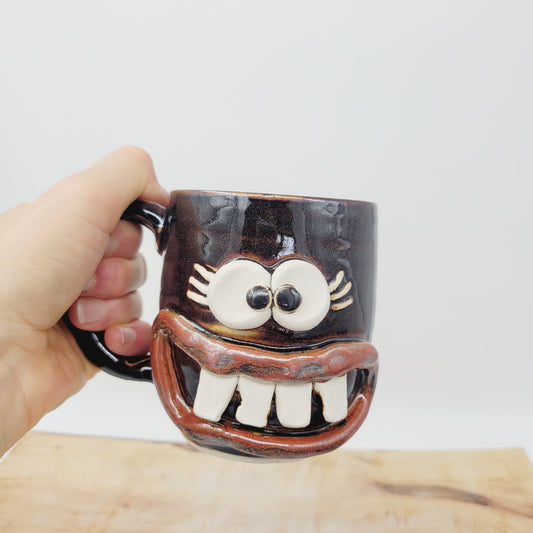 Woman's Fun Face Mug | Cheerful Teacher Coffee Cup | Microwave Dishwasher Safe | Handmade Pottery
