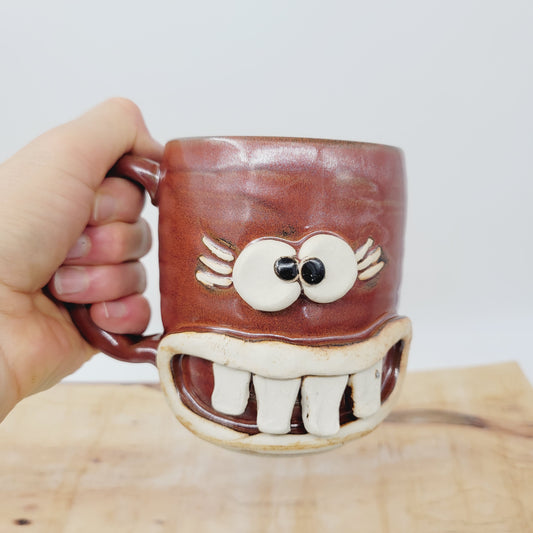 Woman's Fun Face Mug | Cheerful Ladies Coffee Cup | Microwave Dishwasher Safe | Rustic Red