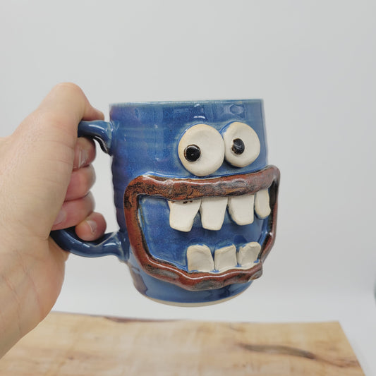 Funny Smiley Face Mug | Handmade Pottery Coffee Cups | Fun Gifts for Men Dad Husband | Ceramic Stoneware | 16 Ounces Large | Blue