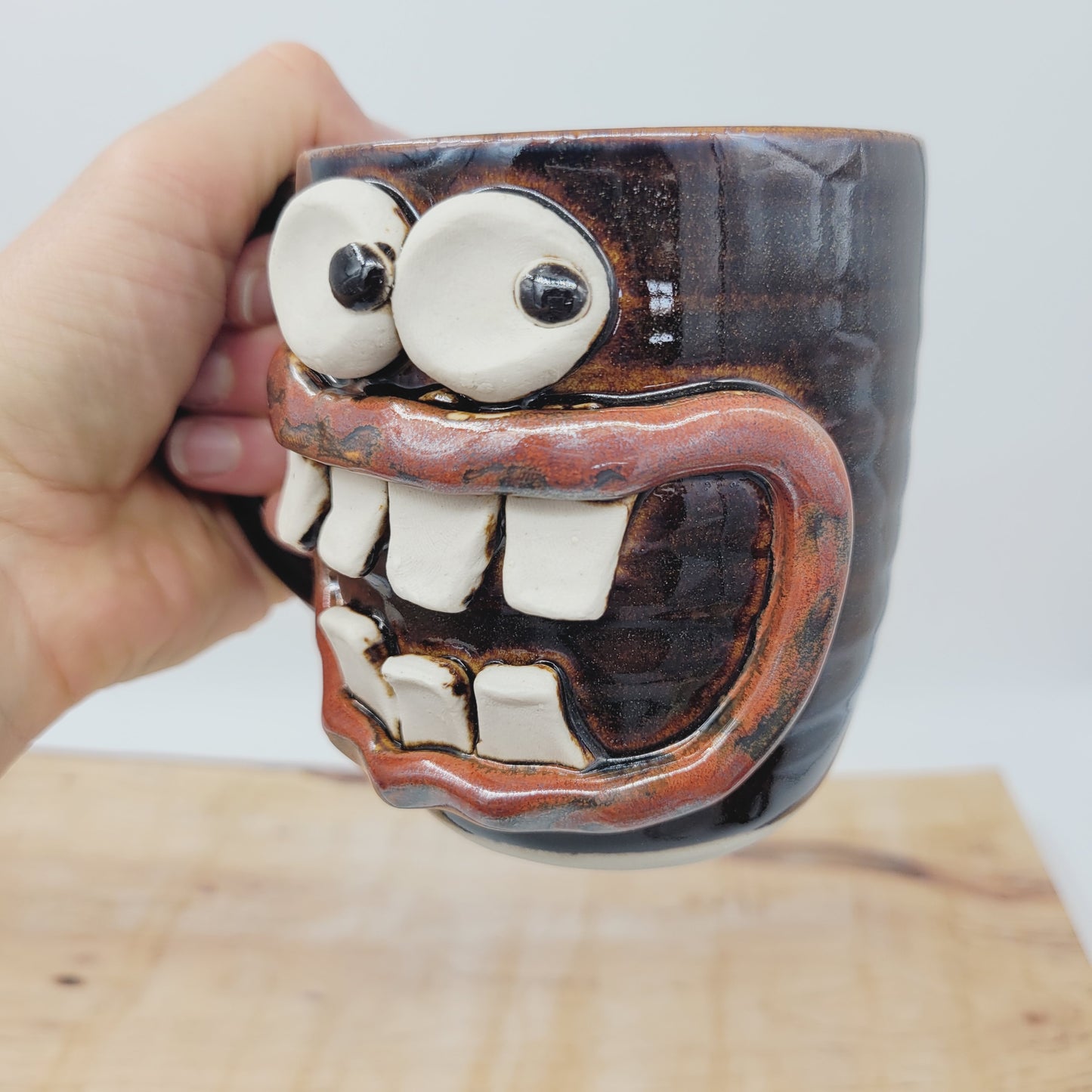 Taco Lover Coffee Cup | Handmade Pottery Face Mug | Funny Man Gift | Ceramic Stoneware | 16 Ounces Large | Chocolate