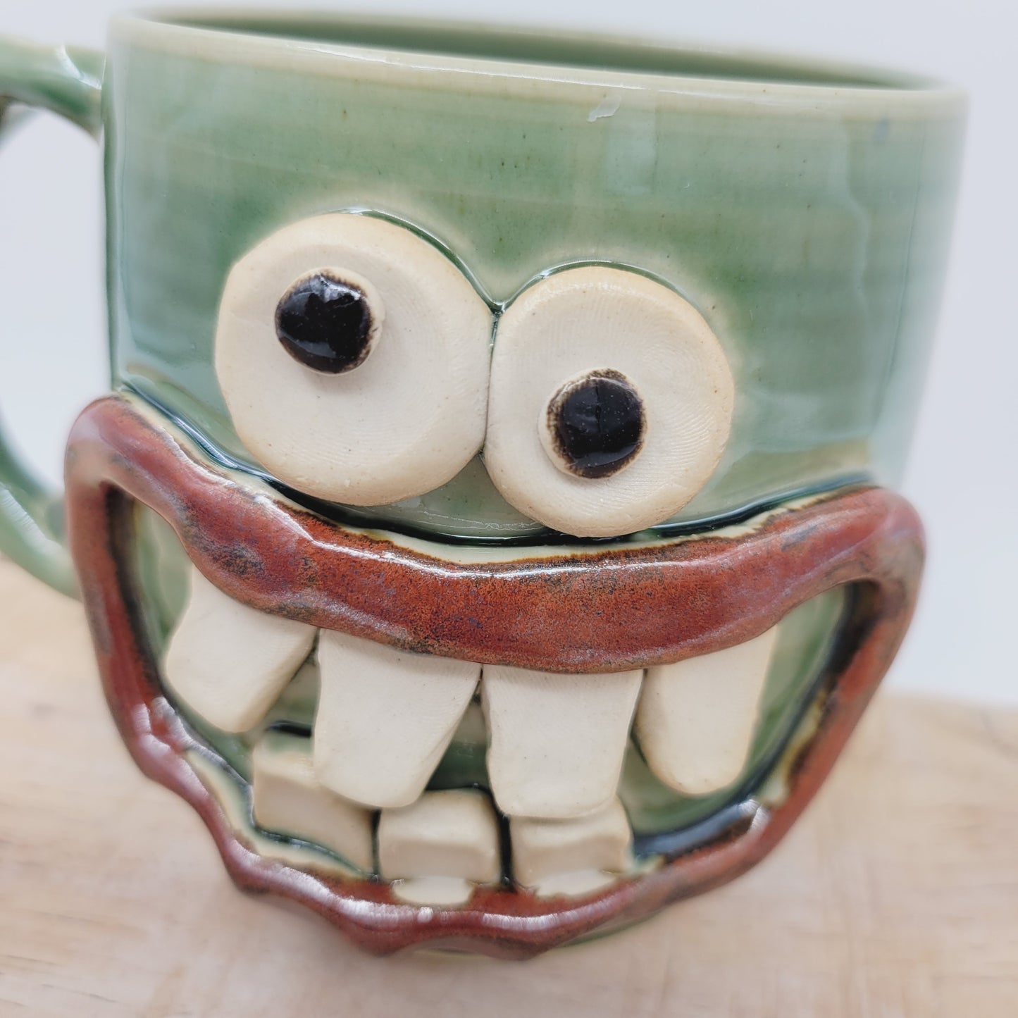 Green Smiley Face Coffee Cup | 16 Ounces | Handmade Stoneware Pottery