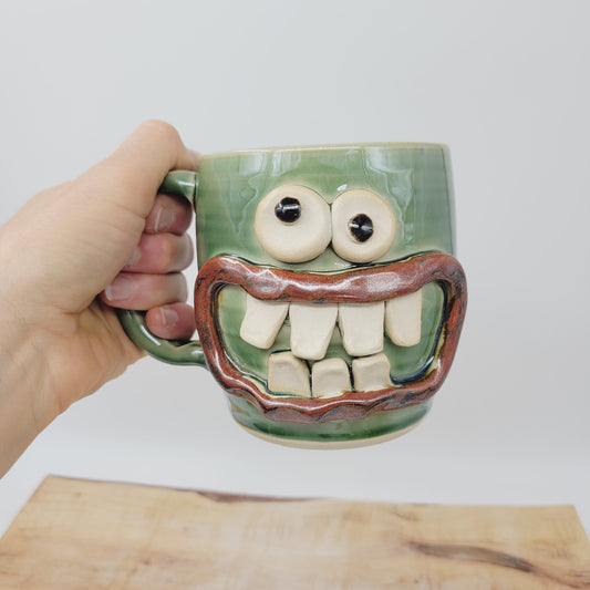 Green Smiley Face Coffee Cup | 16 Ounces | Handmade Stoneware Pottery