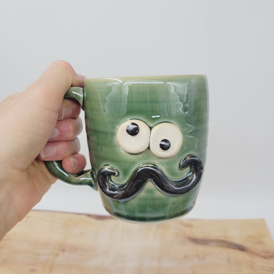 Handlebar Mustache Mug | Funny Man's Pottery Coffee Cup | Nelson Studio Ug Chug | Green | 16 Ounces