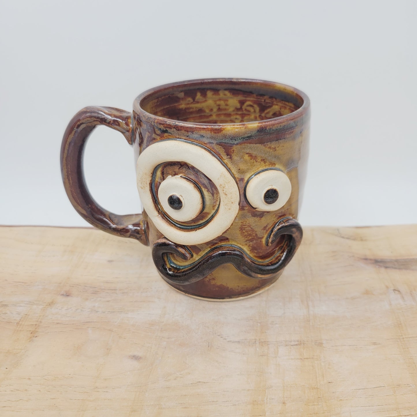 Mans Gag Gift Mug | Monocle and Mustache Coffee Cup | Handmade Stoneware Pottery | Rusty Brown | Fun Gifts for Husband Guy Boyfriend