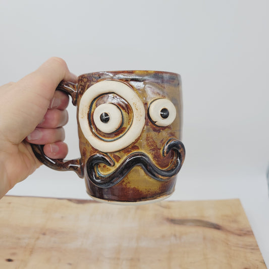 Mans Gag Gift Mug | Monocle and Mustache Coffee Cup | Handmade Stoneware Pottery | Rusty Brown | Fun Gifts for Husband Guy Boyfriend