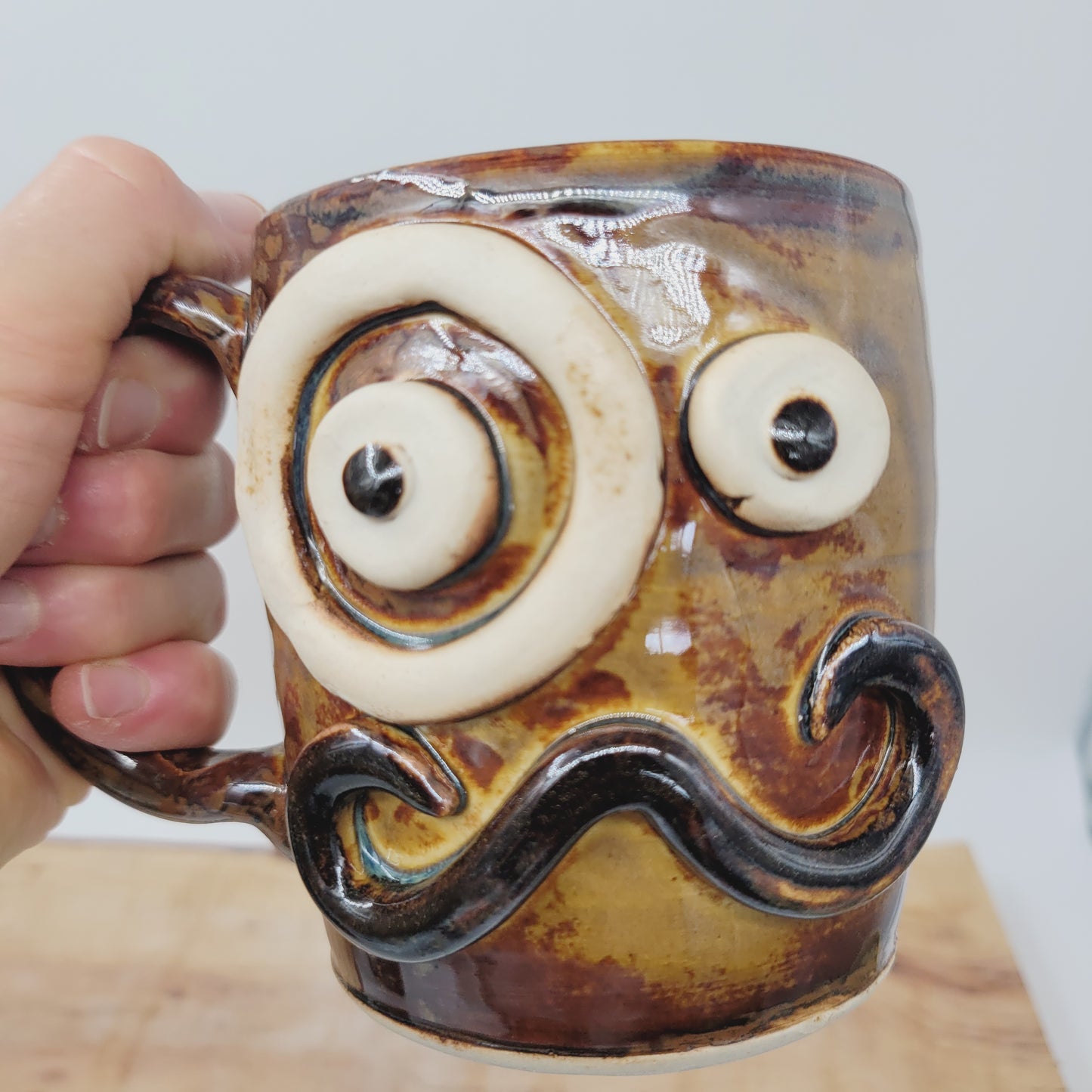 Mans Gag Gift Mug | Monocle and Mustache Coffee Cup | Handmade Stoneware Pottery | Rusty Brown | Fun Gifts for Husband Guy Boyfriend