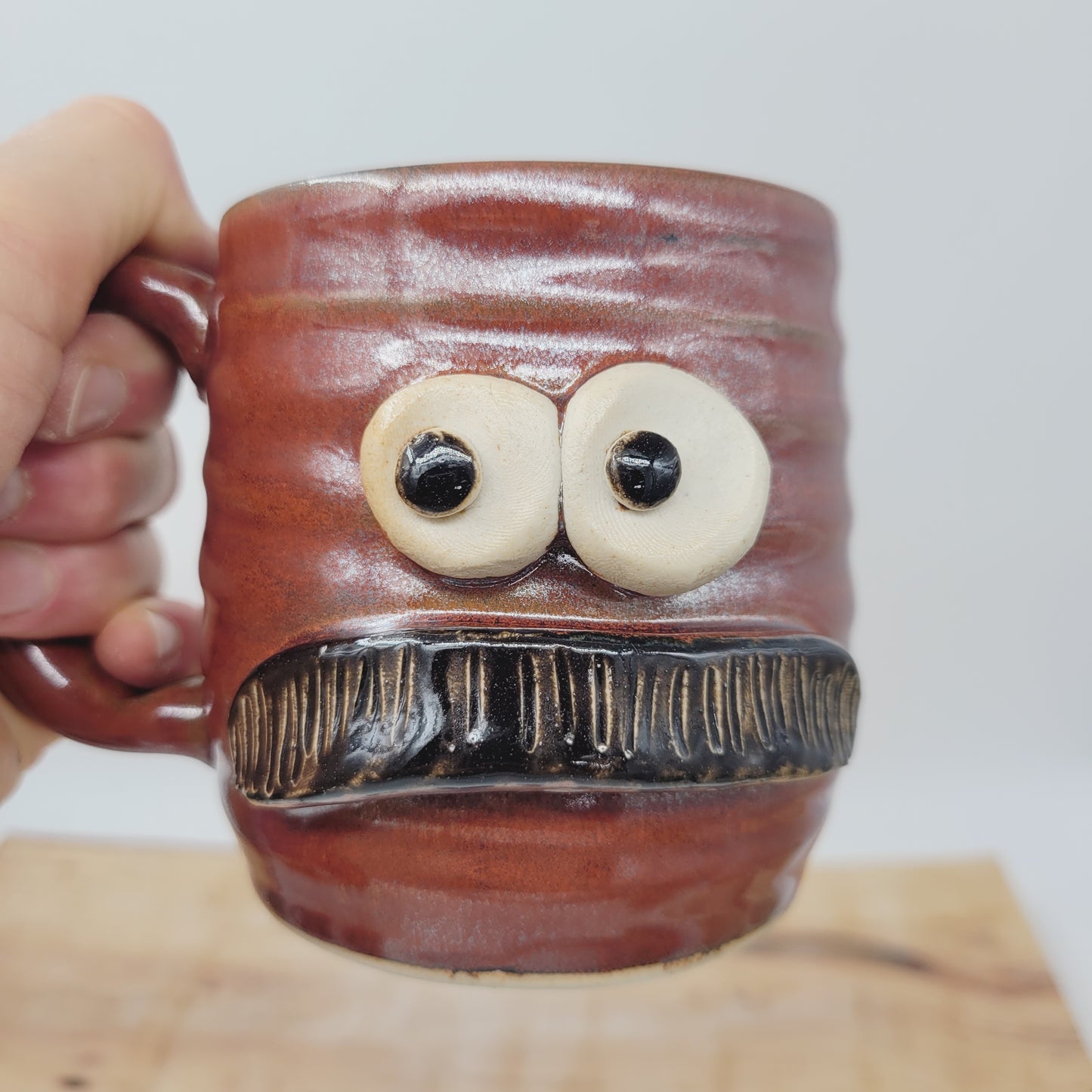 Man's Bushy Mustache Mug | Ceramic Stoneware Pottery Coffee Cup | Microwave Dishwasher Safe | Rustic Red Brown