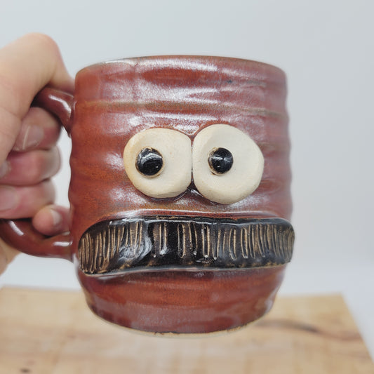 Man's Bushy Mustache Mug | Ceramic Stoneware Pottery Coffee Cup | Microwave Dishwasher Safe | Rustic Red Brown