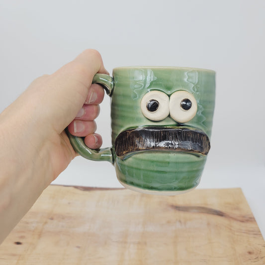 Man's Bushy Mustache Mug | Ceramic Stoneware Pottery Coffee Cup | Microwave Dishwasher Safe | Green | Nelson Studio Ug Chugs