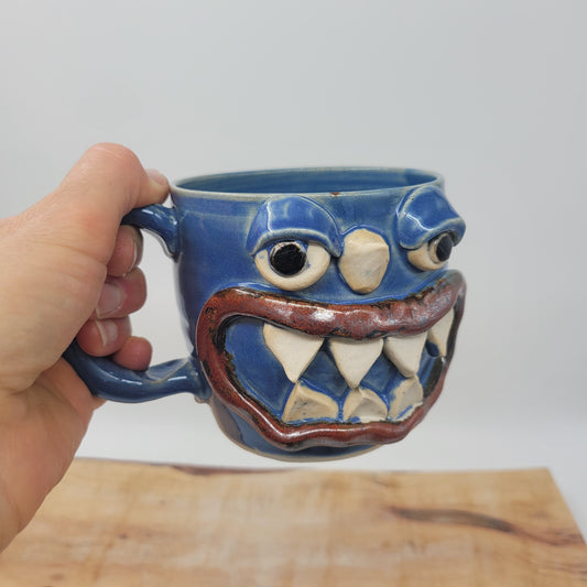 Monster Mug with Horn | Handmade Pottery Coffee Cups | Funny Creature Face Mug | 16 Oz |  Blue