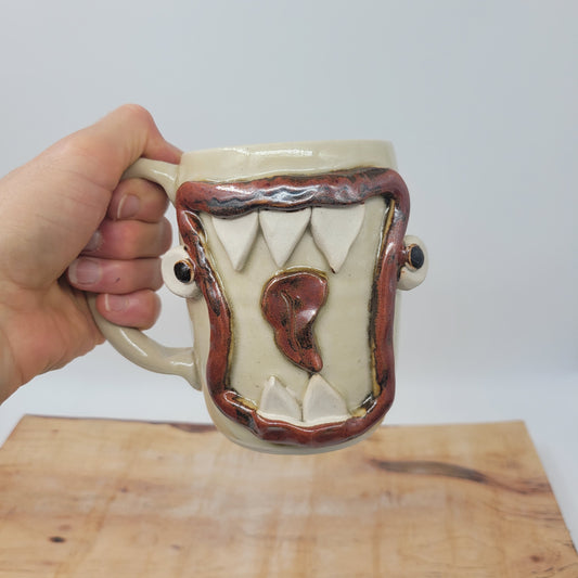 Monster Face Mug Creepy Cute | Handmade Pottery Coffee Cups | Funny Creature with Teeth | 16 Oz | Cream