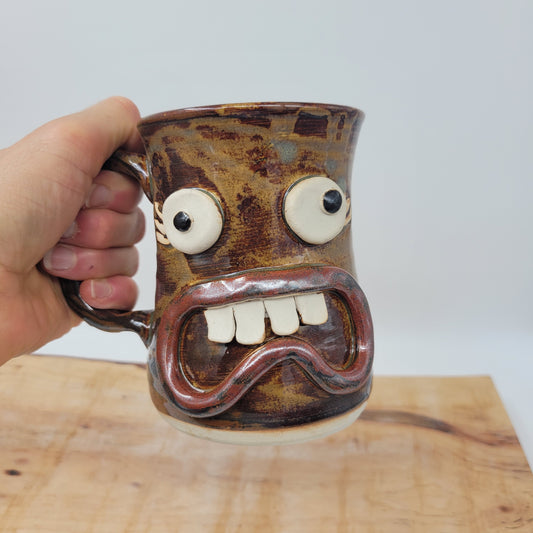 Funny Face Coffee Cup | 16 Ounces | Handmade Stoneware Pottery Mug | Rusty Brown