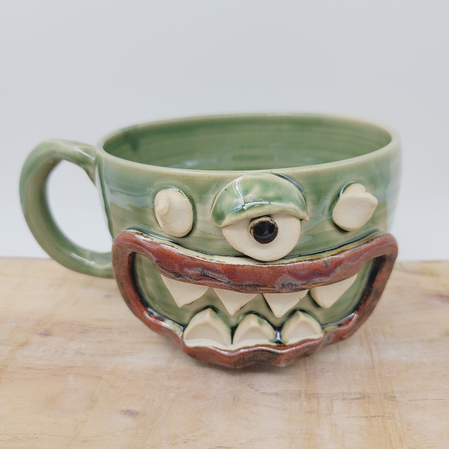 Monster Soup Mug with Horns | Handmade Pottery Fall Pottery Chili Crock | Funny Creature Cyclops Face |  Green
