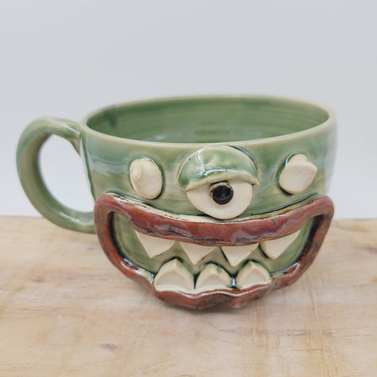 Monster Soup Mug with Horns | Handmade Pottery Fall Pottery Chili Crock | Funny Creature Cyclops Face |  Green