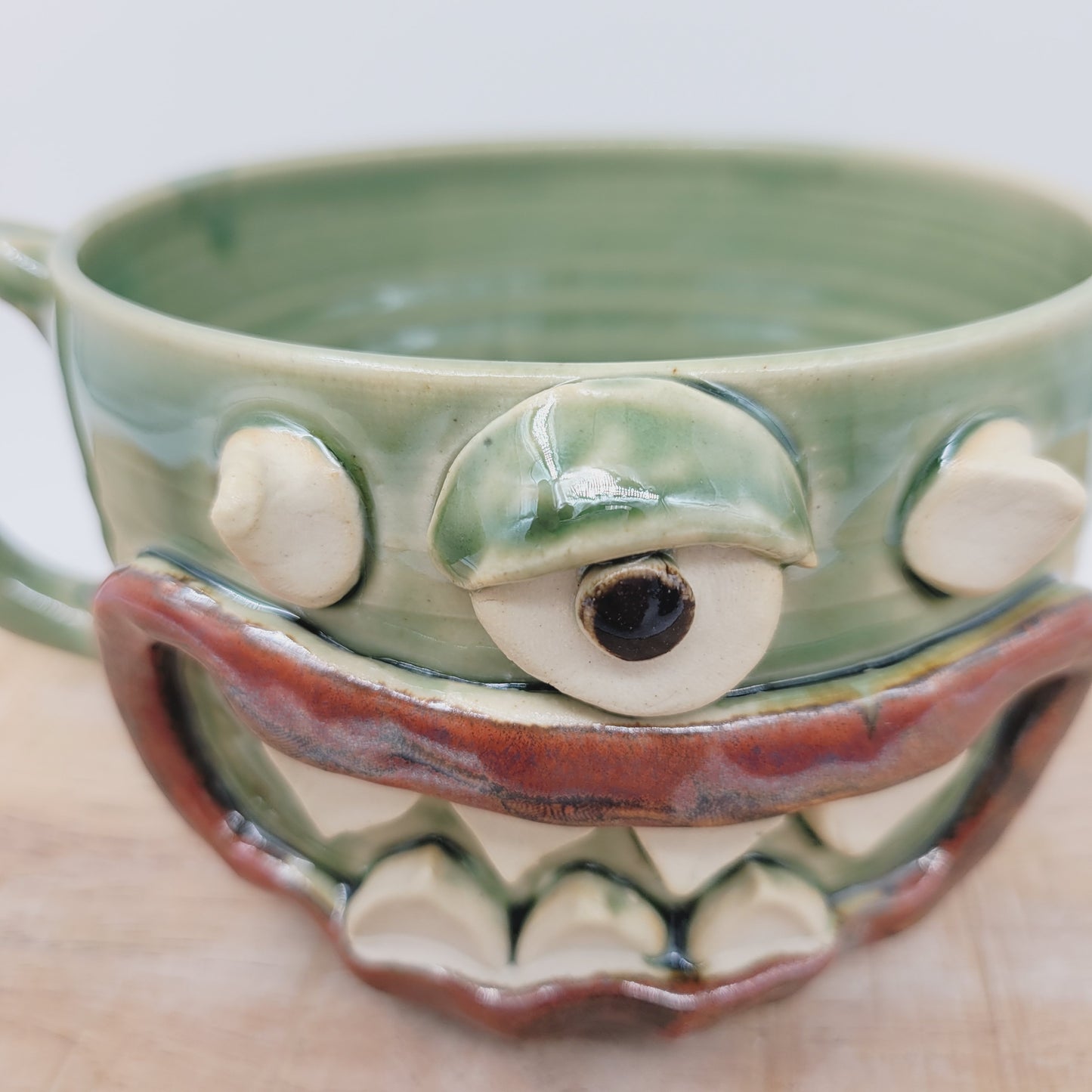 Monster Soup Mug with Horns | Handmade Pottery Fall Pottery Chili Crock | Funny Creature Cyclops Face |  Green