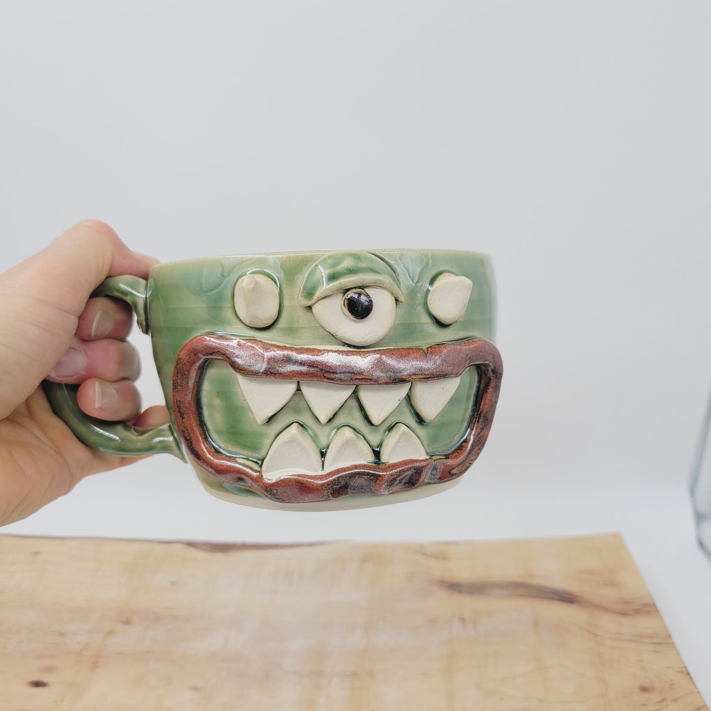 Monster Soup Mug with Horns | Handmade Pottery Fall Pottery Chili Crock | Funny Creature Cyclops Face |  Green