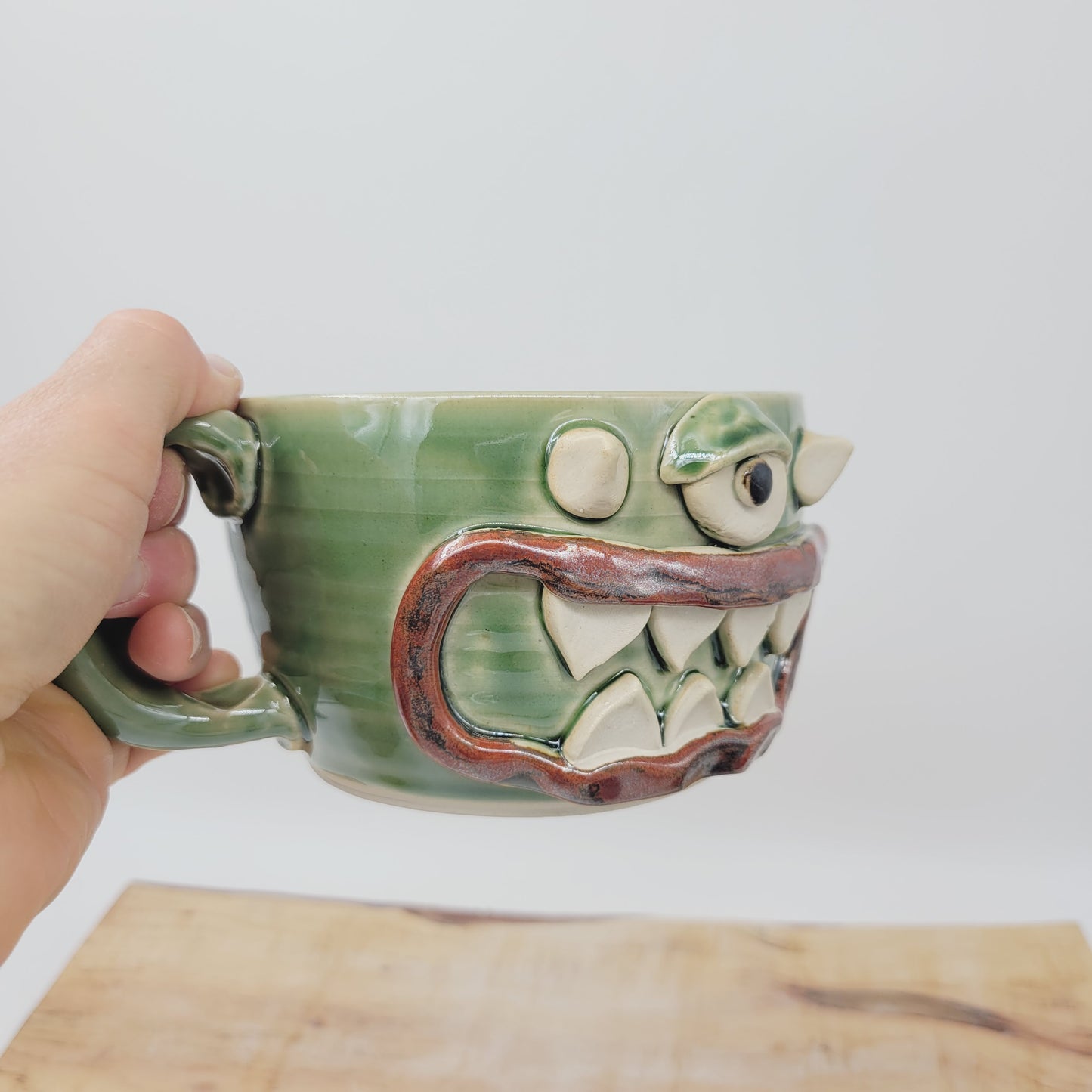 Monster Soup Mug with Horns | Handmade Pottery Fall Pottery Chili Crock | Funny Creature Cyclops Face |  Green