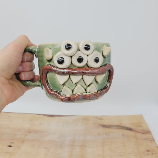 Halloween Soup Mug | Eyeball Monster Crock | Funny Fall Autumn Pottery | Mother with Sense of Humor | Green