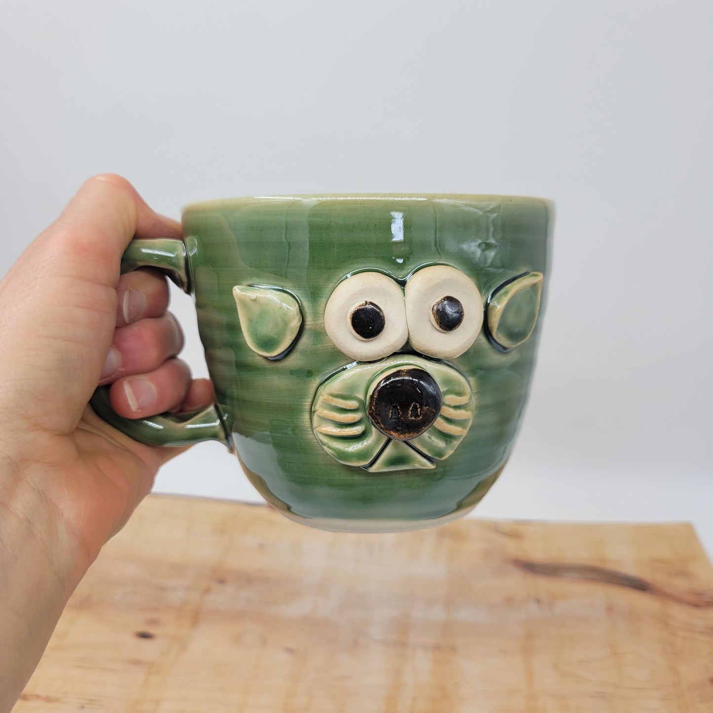 Cat lover Soup Mug | PRISCILLA Cat by Nelson Studio | Funny Feline Face Bowl with Small Handle | Green
