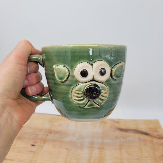 Cat lover Soup Mug | PRISCILLA Cat by Nelson Studio | Funny Feline Face Bowl with Small Handle | Green