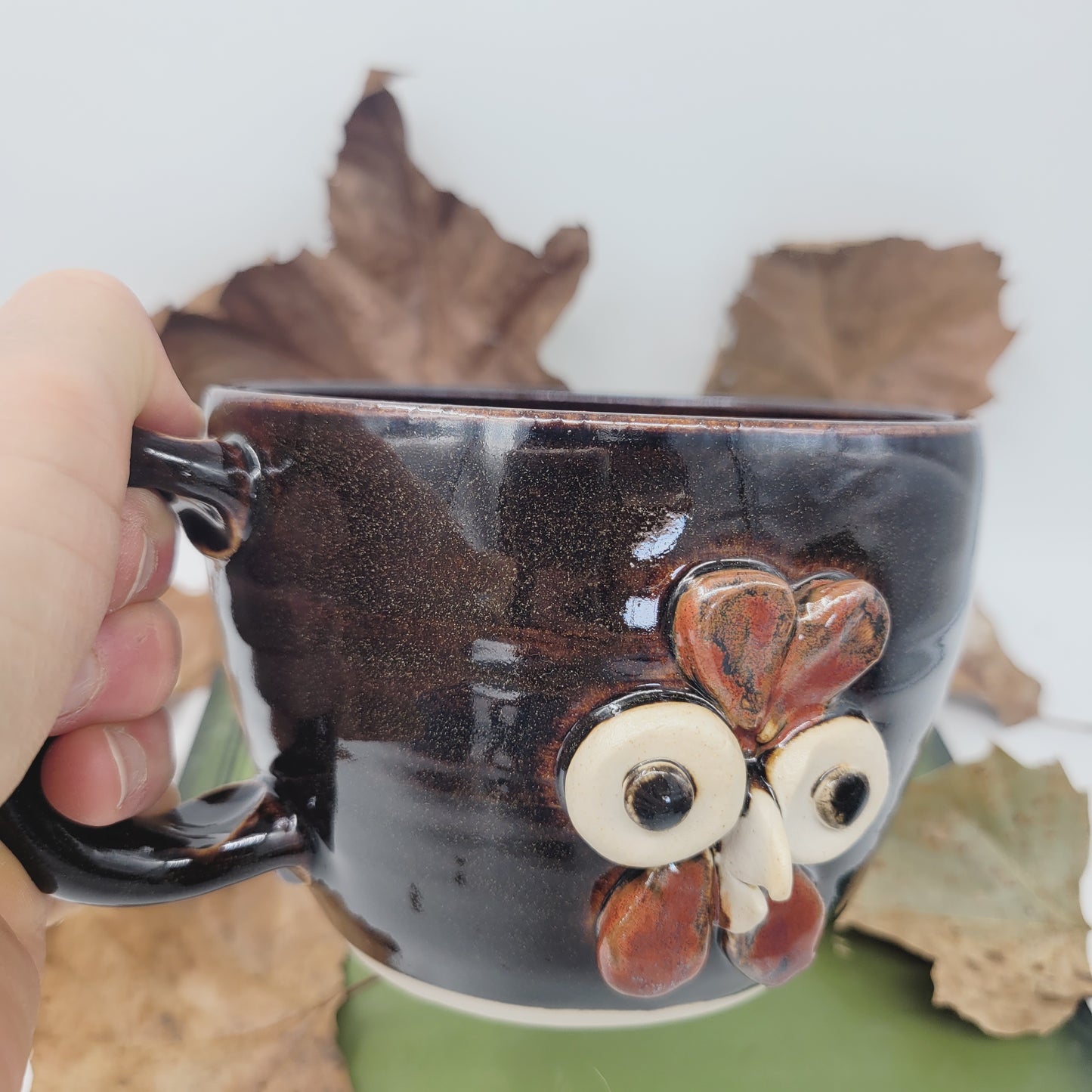 Rooster Soup Mug | Chicken Collector Bowl with Handle | Handmade Stoneware Clay Pottery | Green | Nelson Studio Ug Chug | Farm Animals