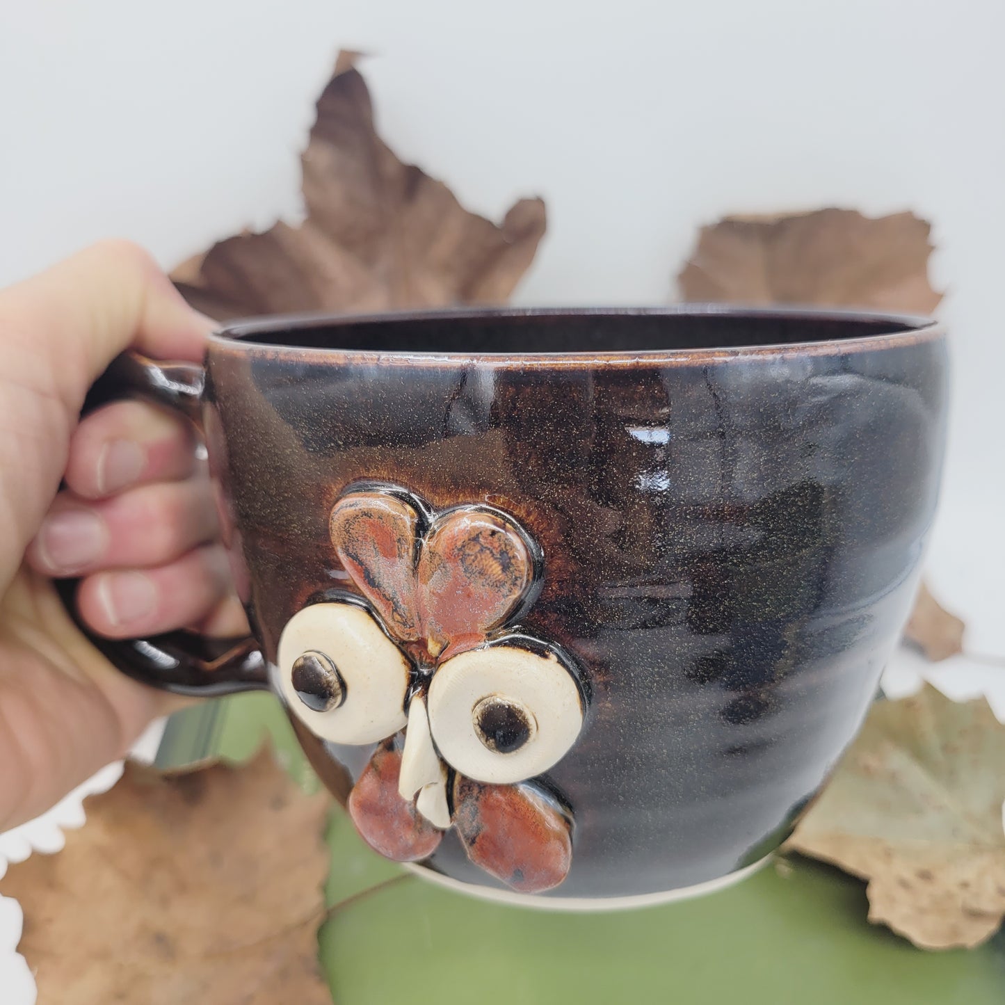 Rooster Soup Mug | Chicken Collector Bowl with Handle | Handmade Stoneware Clay Pottery | Green | Nelson Studio Ug Chug | Farm Animals
